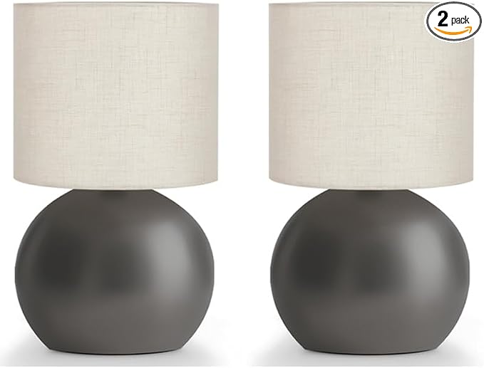 Modern Small Table Lamp Set of 2, Minimalist Nightstand Bedside Lamps with One-Button Inline Switch, 6.2×6.2×10.4 Inch Desk Light for Bedroom, Living Room,Including Light Bulb（Grey）
