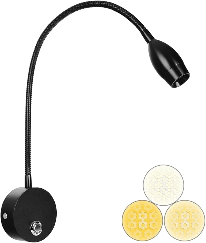 Adust Reading Lights for Books in Bed, Bedside Reading Lamp, RV Boat Reading, DC 5V-240V 3W LED Touch Dimmable Brightness Wall Mount Lamp, Adjustable Colour Temperature, 3000k, 4000k, 6000k(Black)