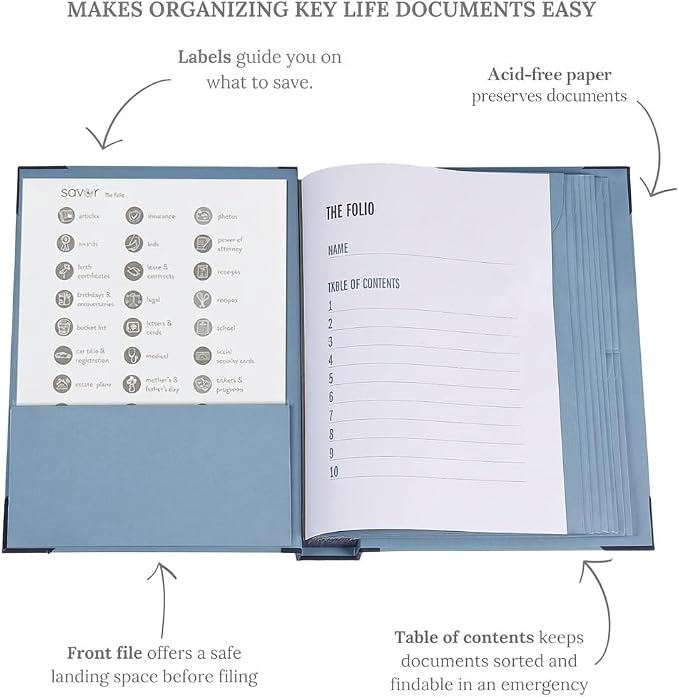 The Folio® Important Document Organizer by Savor | Binder with Guided Labels, Acid-Free File Folder Organizer with 10 Pockets, Document Holder for Home Records, Legal and Medical Papers (Blue) 2 Set