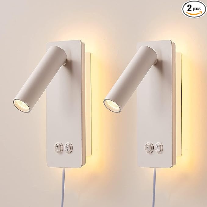 Bedside Reading Lamp Wall Mounted, LED Wall Reading Lights for Bed, Plug in Wall Sconce Set of 2, Bed Reading Light 3W 3000K Book Light with 9W Ambient Lighting