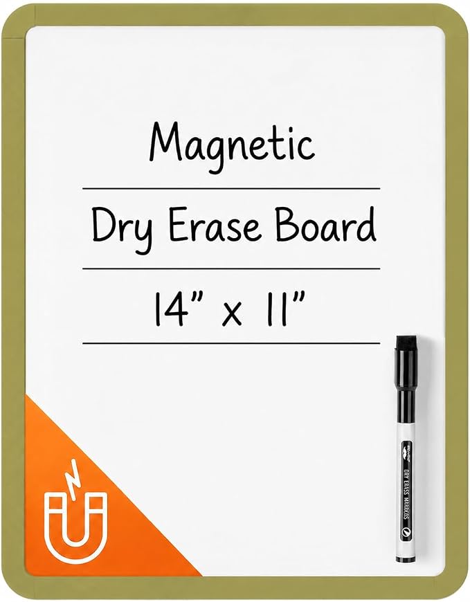 Mr. Pen- Dry Erase Board, 14” x 11” with a Black Dry Erase Marker | Olive Green Frame, Small Mini White Board for Students, Fridge, Wall, Locker, Includes Double Sided Tapes
