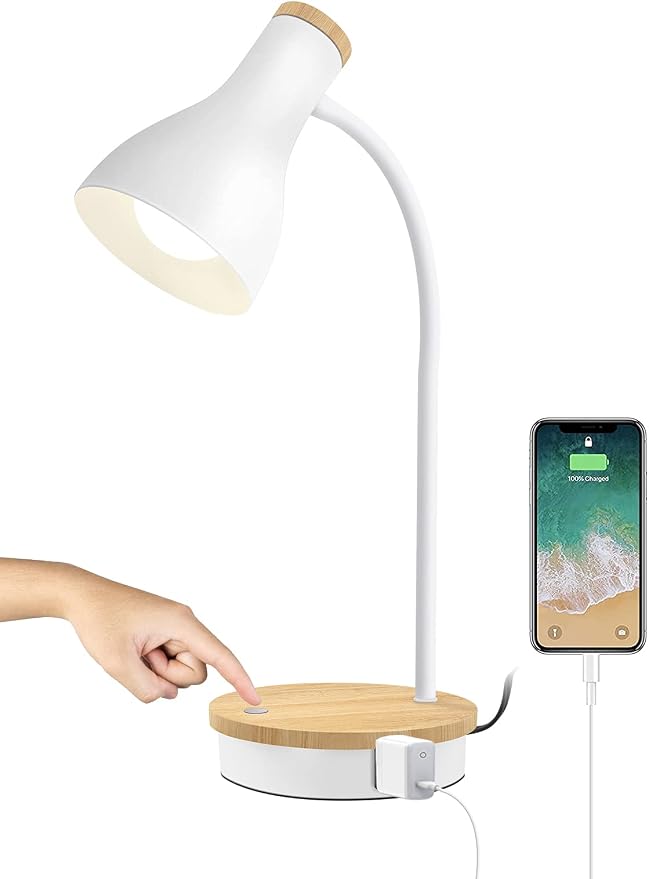 LALISU Metal Desk Lamp Wireless Charging Table Lamp Touch Reading Lights Arc Desk Lamps for Bedroom, 3 Way Dimmable Bedside Lamp with USB Charging Ports Lamp for Study Room and Office (Touch-White)