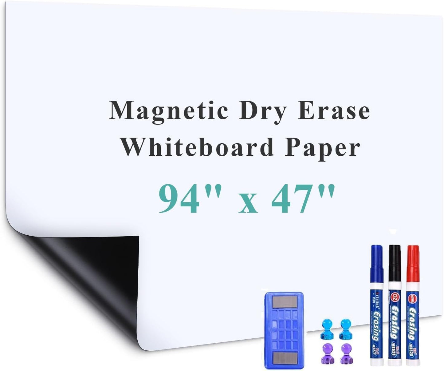 Magnetic Dry Erase Whiteboard Paper, 94" x 47" with Self Adhesive Whiteboard for Wall, Easy to Write and Clean Dry Erase Board for Kids, Office, Home, with Marker, Magnetic Eraser and Magnets