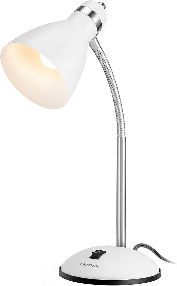 LEPOWER Metal Desk Lamp, Adjustable GooseNeck Reading Light for Bedroom | Compact & Sturdy, Space-Saving for Bedside & Dorm, E26 Table Lamp, Eye-Caring, Ideal for Study, Office, Back to School
