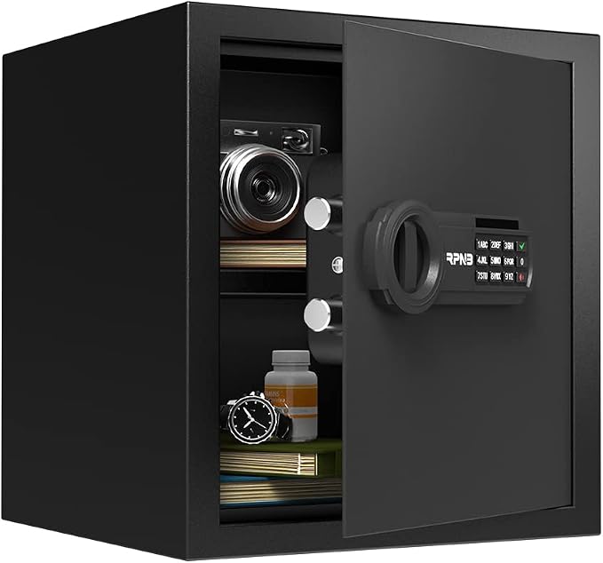 RPNB Small Home Safe Box,Personal Safe,Metal Money Safes for Home,1.2 CuFt | Digital Cash Safe with Keys,Electronic Code Lock,Steel Alloy Small Cabinet Safe for Money,Home,Office,Hotel,Business,Jewelry
