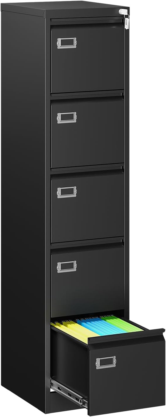 MIIIKO 5 Drawer File Cabinet, Black Vertical Filing Cabinets with Lock, Home Office File Folders Storage Cabinet for Letter Legal File Size.