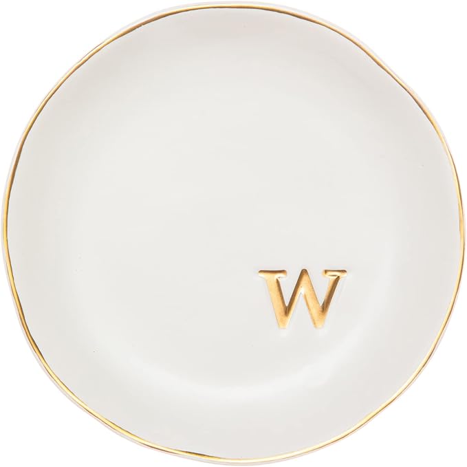 COLLECTIVE HOME Ceramic Jewelry Tray, Trinket Dish, Gifts for Women (W) | Mother's Day, Birthday, Christmas, Engagement Gifts, Vanity, Nightstand Decor, Embossed Gold Monogram Ring Dish with Gift Box