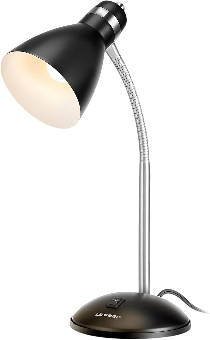LEPOWER Metal Desk Lamp, Adjustable GooseNeck Reading Light for Bedroom | Compact & Sturdy, Space-Saving for Bedside & Dorm, E26 Table Lamp, Eye-Caring, Ideal for Study, Office, Back to School