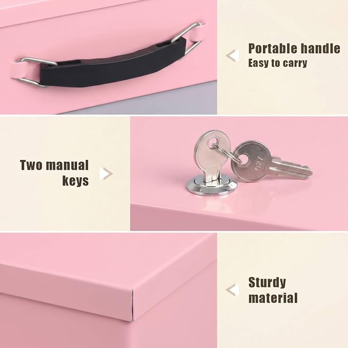 xydled Fireproof Document Box with Key Lock, Fire Safe Box, Pink | Fire and water resistant lock box for documents, passports, cash and valuables, keeping secure at home, 12.8 x 8.5 x 4.5 Inch