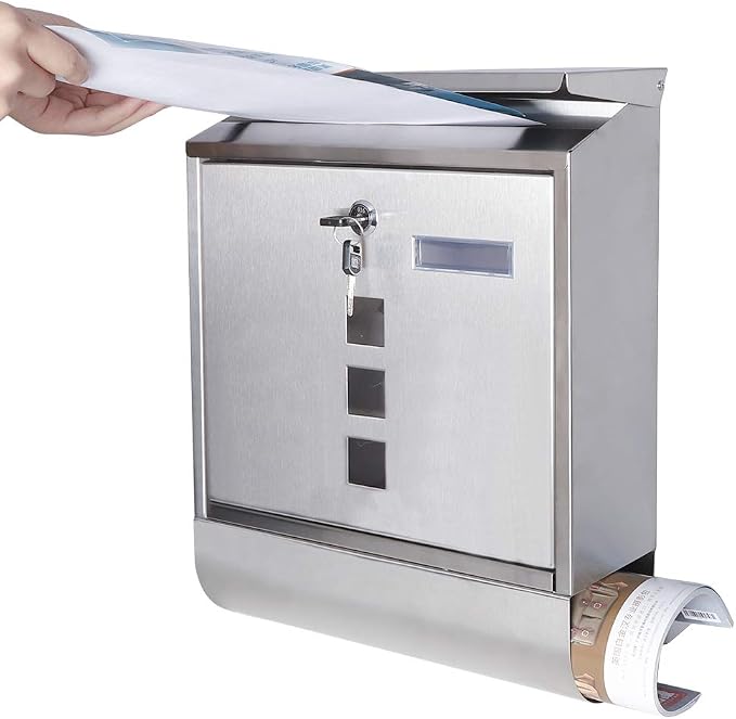 Decaller Stainless Steel Mailbox with Key Lock, Metal Wall Mount Rust-Proof Mail Box with Newspaper Compartment for Outside, 15.4" x 12" 4.8", 2203 Silver