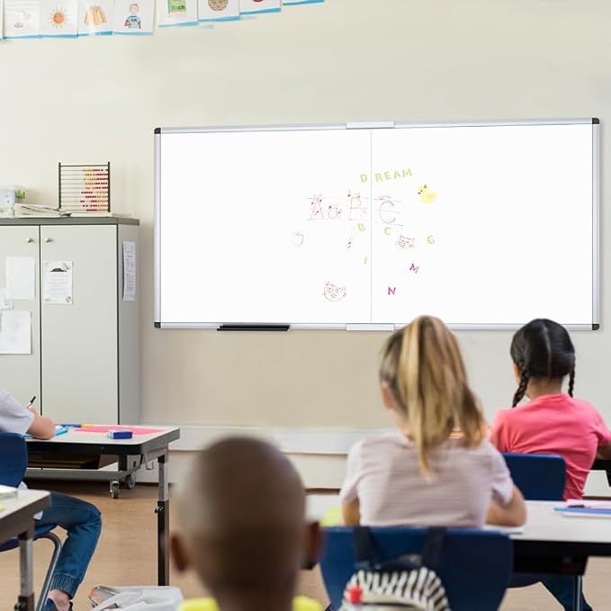 VIZ-PRO Large Magnetic Dry Erase Whiteboard, 96 x 48 Inches, Foldable | Silver Aluminum Frame, 8' x 4' Wall-Mounted White Board with Marker Tray for School Office and Home