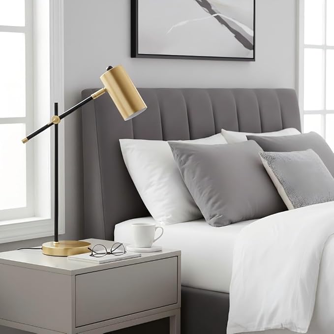 Modern Black and Gold Desk Lamp with Type C Charging Port, Minimalist Industrial Table Lamp with Swing Arm, for Study Room Home Office Bedroom Bedside Nightstand
