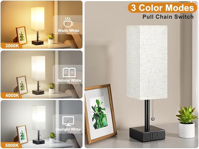 Small Bedside Table Lamp for Bedroom - Desk Lamp For Nightstand, USB C+A | Pull Chain Lamp, 3 Color Modes(3000K/4000K/5000K), E26 LED Bulb Included, Square Beige Fabric Lampshade, for Read, Work, Dorm