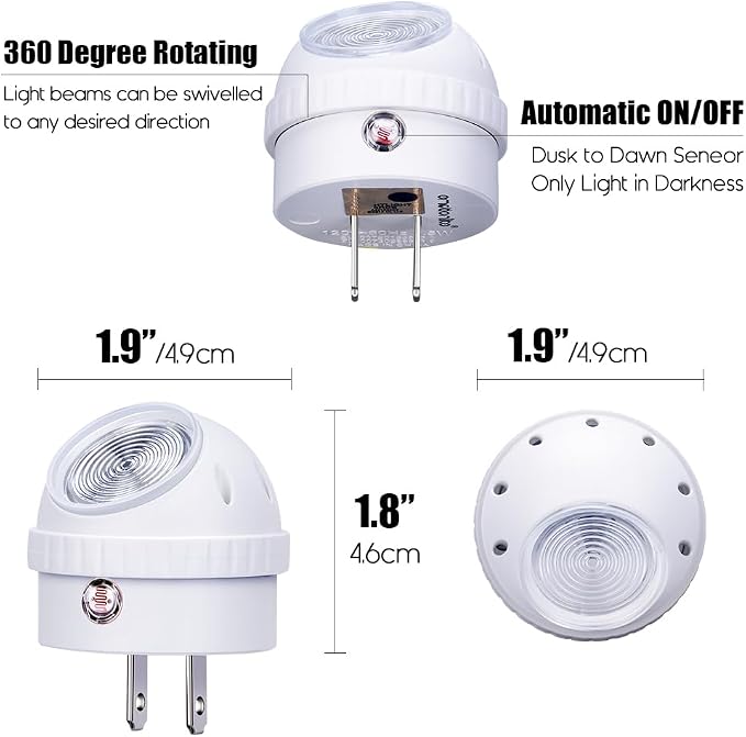 Emotionlite Plug-in Night Lights, Warm White LED Nightlight, 360° Rotation, Dusk to Dawn Sensor, Kids, Adult, Bedroom, Hallway, Bathroom,Kitchen, Stairways, Corridor, 6 Pack