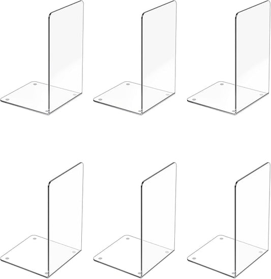 Acrylic Bookends 6 Pcs, Clear Book Ends for Shelves, Bookend Organizer | Transparent Book Holder Stand Decorative, Book Stoppers for Heavy Duty Books, CD, File, Video Games