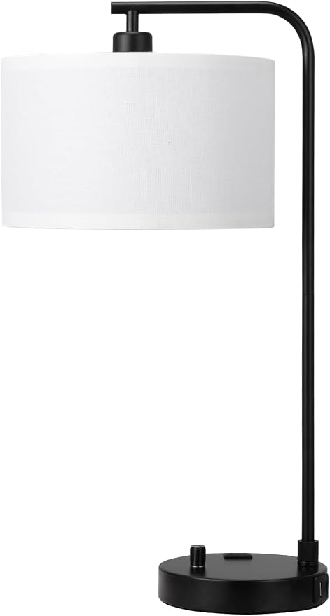 Innqoo White Side Table Lamp with USB Port and Outlet, Dimmable Nightstand Bedside Lamps with Linen Lampshade, Desk Lamp for Bedroom, Living Room, Guest Room, Home Office, LED Bulb Included