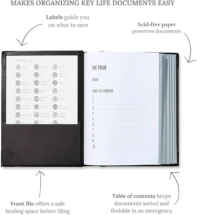 The Folio® Important Document Organizer by Savor | Binder with Guided Labels, Acid-Free File Folder Organizer with 10 Pockets, Document Holder for Home Records, Legal and Medical Papers (Black)