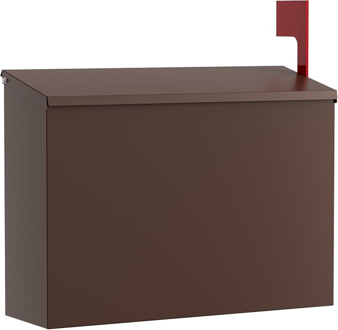 Wall-Mount Mailbox for Outside, Large Capacity Rust-Proof Mail Box with Stay-Open Lid & Red Flag Kit, Galvanized Steel Weather-Resistant Post Box for House Outside, 10.5"x4.3"x14.2", Brown