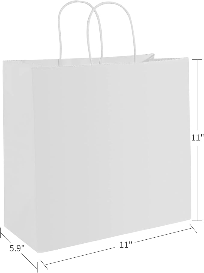 PAICUIKE 50 Pcs White Kraft Paper Bags with Handles, 11x6x11 Inch Shopping Gift Bags for Valentine’s Day, Retail, Parties, Weddings, Birthdays, Gift Packaging