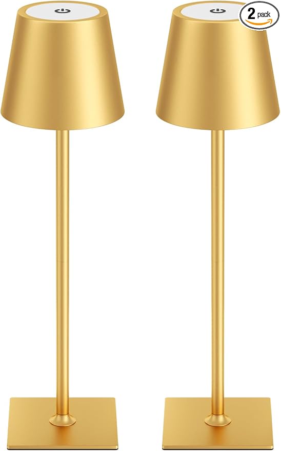 Kakanuo Gold Cordless Rechargeable Table Lamp 5000mAh Battery Operated Lamps, 3 Colors Stepless Dimming Touch Lamp for Living Room, Kitchen Counter, Dining, Outdoor Patio, 2 Pack