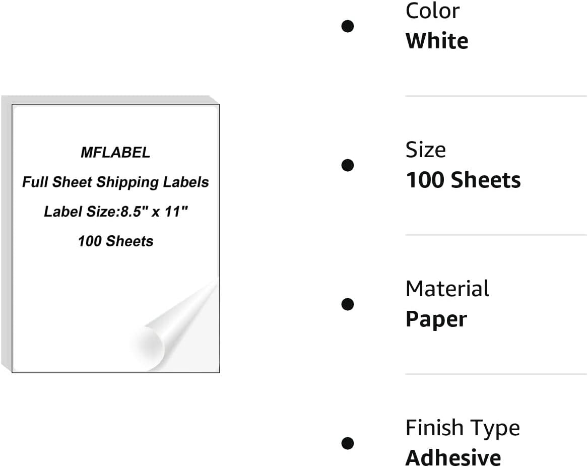 MFLABEL Full Sheet Sticker Label, Address Sticker, White Matte Label Paper, 8-1/2" x 11" Shipping Labels for Laser & Inkjet Printer (2500 Labels, 2500 Sheets)
