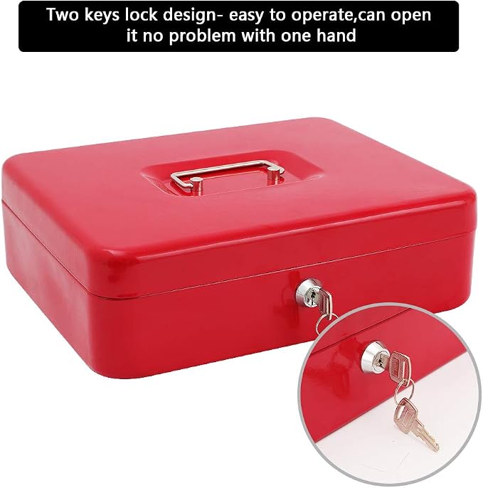 xydled Cash Box with Money Tray and Key Lock,Money lock box with Cash Tray,Safe Lock Box with Key,Tiered,4 Bill / 5 Coin Slots,11.8" x 9.5" x 3.5",Red