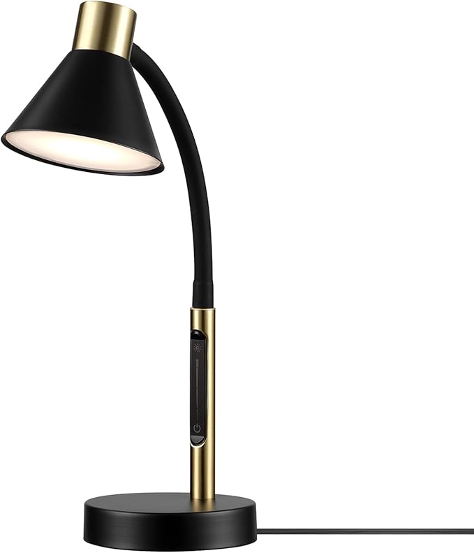 Globe Electric 62000034 15" LED Integrated Desk Lamp, Matte Black, Brass Accent, Adjustable Gooseneck, Dimmable, 3 Color Temperature, 7.5W, 90 CRI, 400 Lumens, Reading Light, Dorm Room Essentials