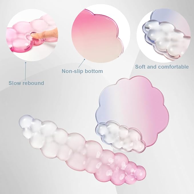 Gel Wrist Rest and Cloud Mouse Pad Support for Keyboard and Mouse - Ergonomic Pink Keyboard Wrist Pad Set for Typing Pain Relief/Computer/Laptop/Gaming/Home/Office (Cloud Shape, Gradient Blue Pink)