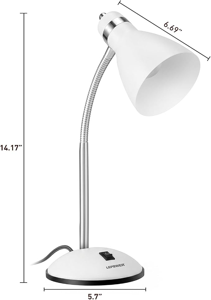 LEPOWER Metal Desk Lamp, Adjustable GooseNeck Reading Light for Bedroom | Compact & Sturdy, Space-Saving for Bedside & Dorm, E26 Table Lamp, Eye-Caring, Ideal for Study, Office, Back to School