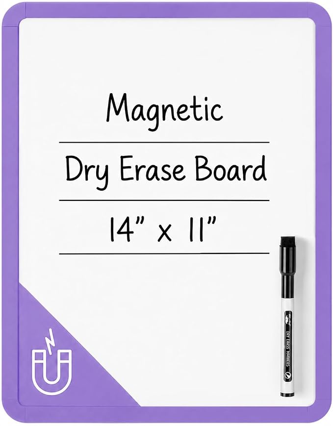 Mr. Pen- Dry Erase Board, 14” x 11” with a Black Dry Erase Marker | Purple Frame, Small Mini White Board for Students, Fridge, Wall, Locker, Includes Double Sided Tapes