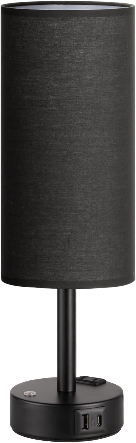 Black Touch Bedside Lamp for Bedroom, Stepless Dimmable, USB A+C, AC Outlet | Base Touch Button Only, Memory Brightness, Ultra-dim Night Light, Included Bulb for Optimal Dimming, Black Fabric Shade, Desk