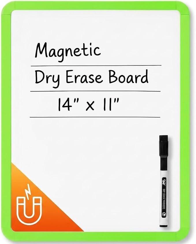 Mr. Pen- Dry Erase Board, 14” x 11” with a Black Dry Erase Marker | Lawn Green Frame, Small Mini White Board for Students, Fridge, Wall, Locker, Includes Double Sided Tapes