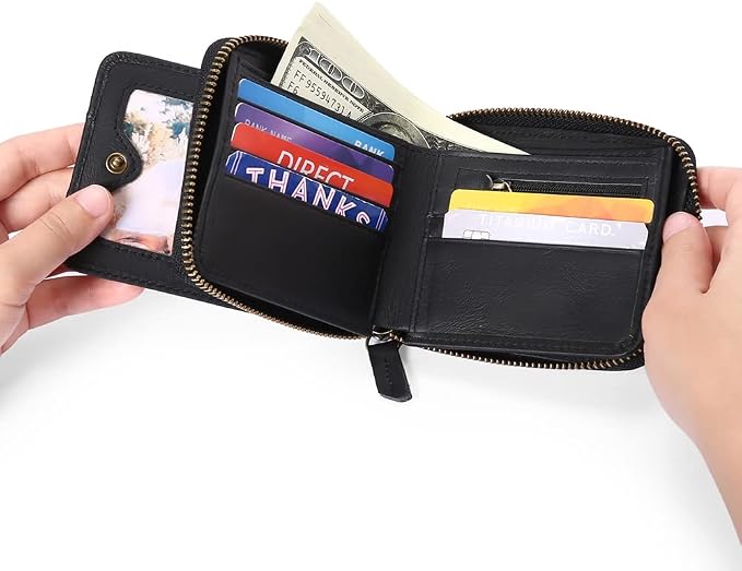 GOIACII Wallets for Men Genuine Leather Front Pocket Wallet RFID Zip Around Bifold Credit Card Holder | RFID