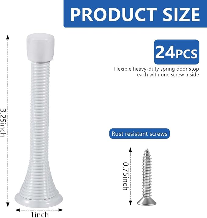 KISEER 24 Pack Spring Door Stops 3 1/4 Inch Flexible Heavy Duty Spring Door Stopper with RustProof Screw Rubber Bumper Tips (White)