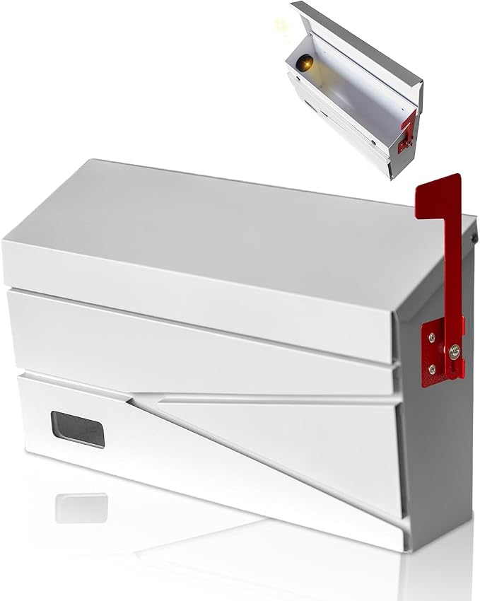 Ydocabinit Wall Mount Mailbox, Large Capacity Mailbox for House, with Flag, Visibility Galvanized Steel Rust-Proof Metal Post Drop Box, Mailboxes for Outside 15.74"×9.84"×4.33" Solar Lanterns White
