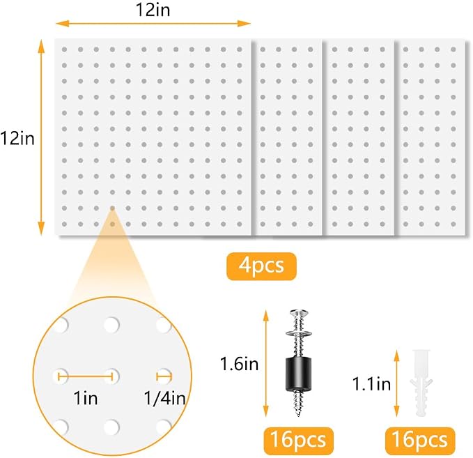 4Pcs Metal Pegboard Wall Organizer Panels, Peg Boards for Walls | White Mount Display Peg Board Kits, For Walls Garage Craft Room Office Workshop, Easy Installation