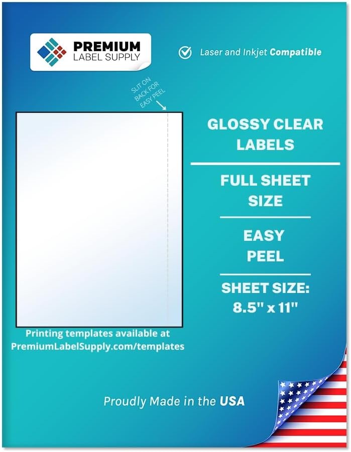 Premium Label Supply Full Sheet Glossy Clear Labels – 8.5" x 11" – Laser/Inkjet Compatible – 100 Sheets - Letter Size