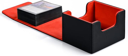 ZLCA Card Deck Box with 2 Dividers for MTG Cards, Large Horizontal Card Storage Box Fits 150+ Single Sleeved Cards, PU Leather Commander Deck box for TCG CCG (Black& Red)