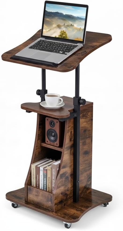 Tangkula Mobile Lectern Podium, Height Adjustable Podium Stand, Sit-to-Stand Desk with Tilting Tabletop & Storage Shelves, Rolling Laptop Cart Desk with Lockable Casters for Home Office School