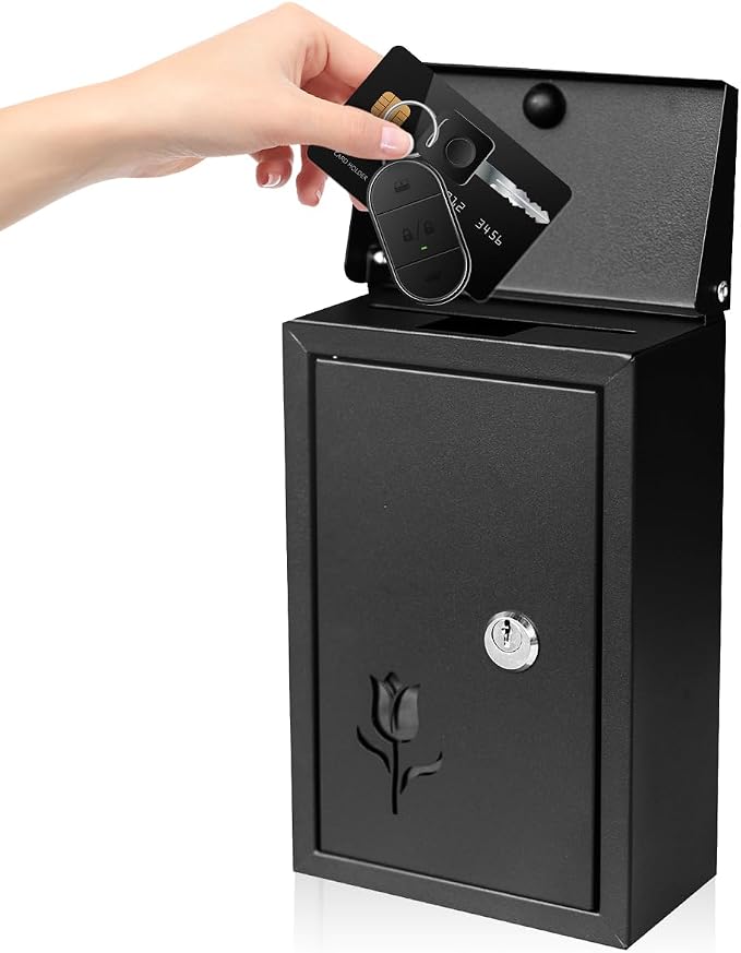Ydocabinit Wall Mount Key Drop Box, with Key Lock & Flip & Top Slot, Steel Cash Drop Box, Storage Box for Mail, Packages, Donations, Voting, Suggestion for Outside Home Business 9.05"×5.51"×3.03"