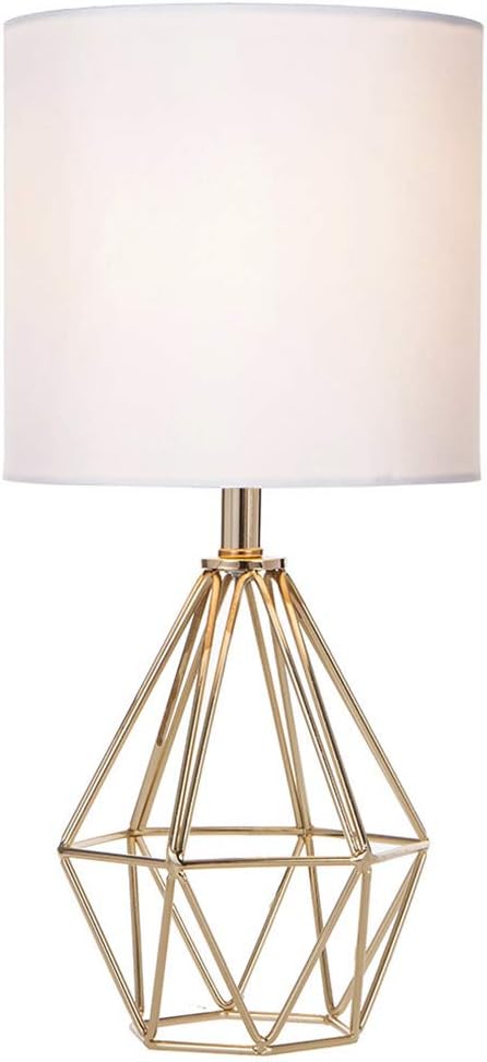 Gold Modern Hollow Out Base Bedroom Small Table Lamp,Bedside Nightstand Lamp with Geometric Metal Base White Fabric Shade,Cute Desk Lamp for Kids Living Room