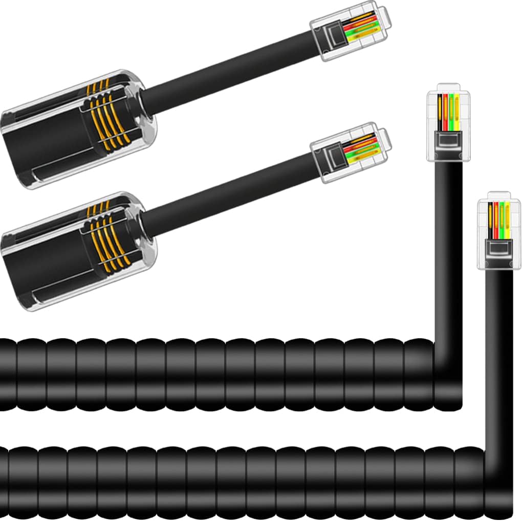 NECABLES 2+2Pack No Tangle Phone Cord for Landline 2pcs Telephone Handset Cord and 2pcs Detangler for Desk Phone Black