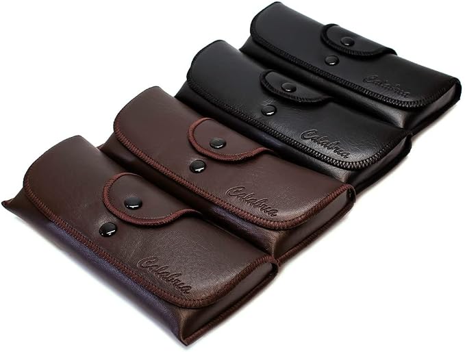 Calabria Double Snap Belt Loop Eyeglass Case PU Leather Black Brown 4Pack Vintage Eye Glasses Pouch SemiHard Sunglass Holder