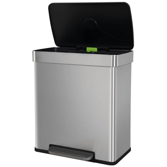 60 Liter Trash Can Soft-Close, Smude Resistant Trash Can with Foot Pedal-Brushed Stainless Steel and Two Independent Drums Waste Bin for Home, Kitchen, Office, Bathroom