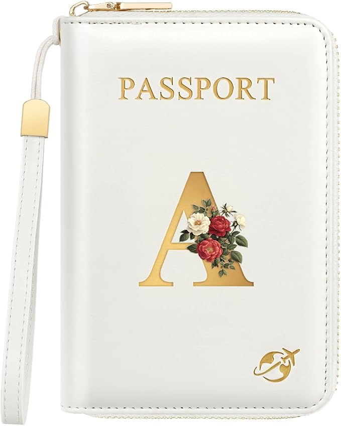 Passport Holder for Travel Personalized Wallet with Wristlet Women | All-in-One Passport Cover, RFID Blocking, Back Coin Pocket, Paper Money Slot, Zipper Closure, Roses Initial Letter, White A