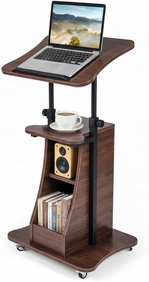 Tangkula Mobile Lectern Podium, Height Adjustable Podium Stand, Sit-to-Stand Desk with Tilting Tabletop & Storage Shelves, Rolling Laptop Cart Desk with Lockable Casters for Home Office School (Brown)