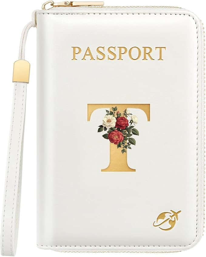 Passport Holder for Travel Personalized Wallet with Wristlet Women | All-in-One Passport Cover, RFID Blocking, Back Coin Pocket, Paper Money Slot, Zipper Closure, Roses Initial Letter, White T