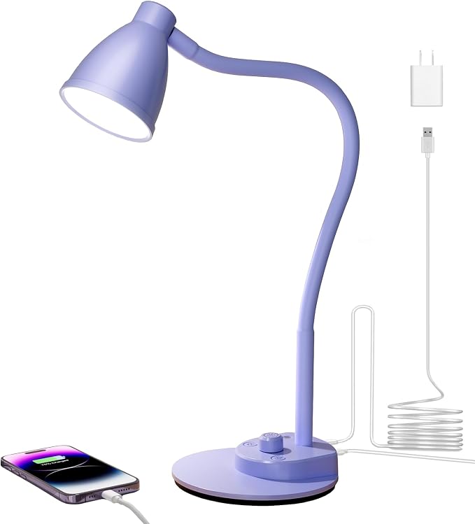 BOHON LED Desk Lamp with USB Charging Port, 3 Color Modes Dim, Lilac Purple | Reading Lamp, Auto Dimming Task Lamp, Flexible Neck Table Light for Office Dorm Bedside, Adapter Include