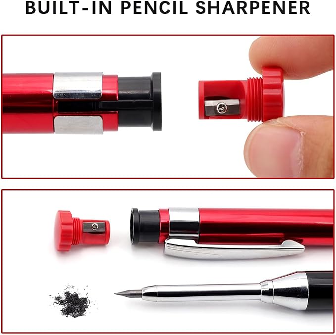 2.8mm Metal Carpenter Marking Pencils 2 Pack with 200 Refill Leads, Built-in Sharpener Tool Pencil for Woodworking, Deep Hole and Jobsite Marking, DIY, Cabinetry and Carpentry Projects (Gold)