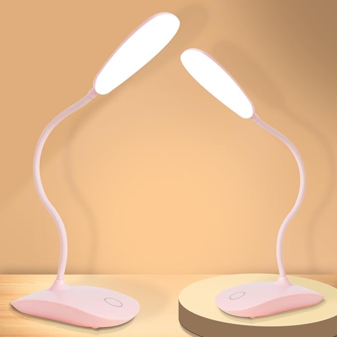 Portable Battery Powered Desk Lamp Small Rechargeable LED Table Light | 400 Lumen Eye Care,3 Color Temperatures,Stepless Touch Dimming,360° Adjustable for Nail Study Dorm Office Bedroom,Pink 2 Pcs